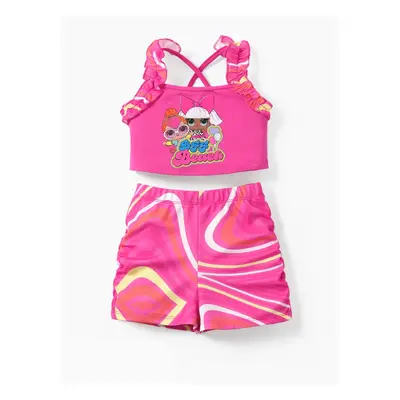 L.O.L. SURPRISE! 2pcs Toddler/Kid Girl Character Print Ruffle Halter Cropped Top with Shorts Set