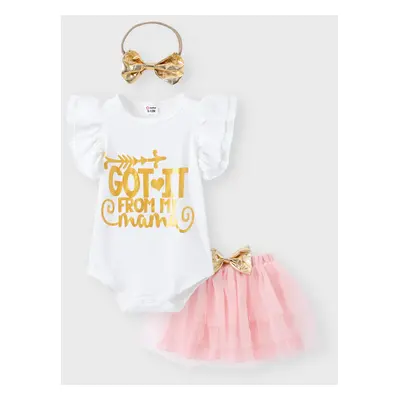 3pcs Baby Girl 95% Cotton Letter Print Flutter-sleeve Romper and Layered Mesh Skirt & Headband S