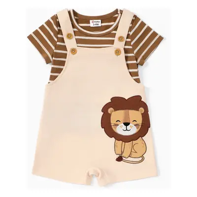 Baby Boy 2pcs Stripe Pattern Tee and Lion Print Overalls Shorts Set