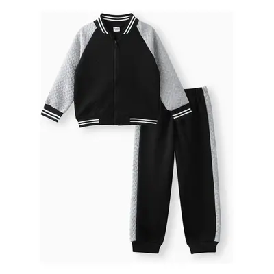 2-piece Kid Boy Textured Colorblock Striped Zipper Bomber Jacket and Pants Casual Set