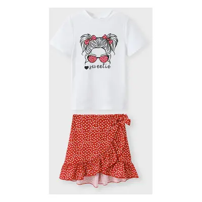 2pcs Kid Girl Figure Print Short-sleeve Top and Polka Dots Ruffled Tie Side Wrap Skirt Set