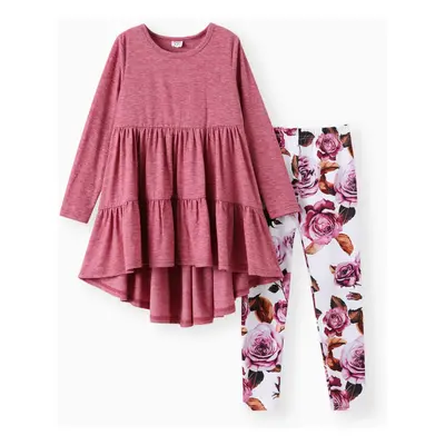 Kid Girl 2pcs Ruffled Irregular Top and Floral Print Leggings Set