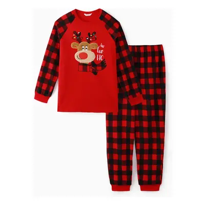 Christmas Family Matching Reindeer Embroidered Red Plaid Raglan-sleeve Thickened Polar Fleece Pa