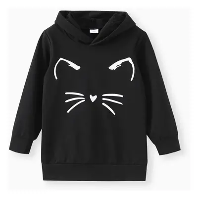 Kid Girl Cat Print Ear Design Solid Hoodie Sweatshirt