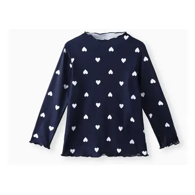 Girl's Long-sleeve Tee with Heart Print (Lettuce Trim Mock Neck)