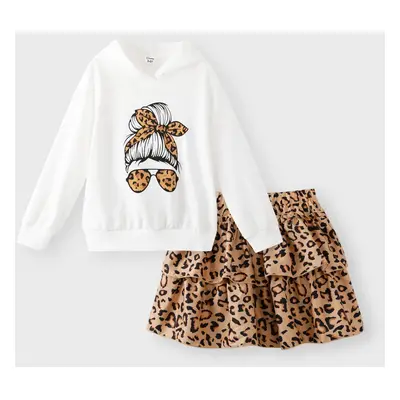 2pcs Kid Girl Cartoon Print White Hoodie Sweatshirt and Leopard Print Layered Skirt Set