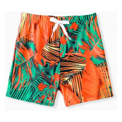 Family Matching Tropical Leaf Printed One-Piece Swimwear or Drawstring Swim Trunks