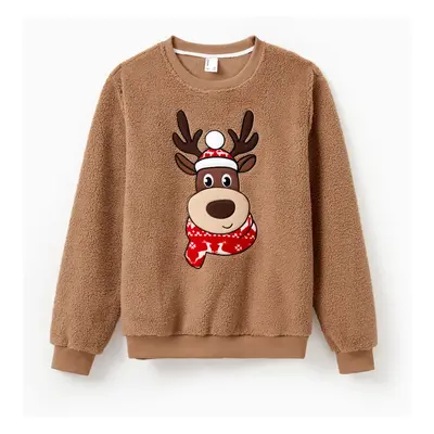 Brown Reindeer Sweatshirts Fluffy Sherpa Fleece Long Sleeves Tops