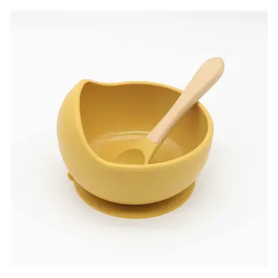 2Pcs Baby Silicone Suction Bowl and Spoon with Wood Handle Baby Toddler Tableware Dishes Self-Fe