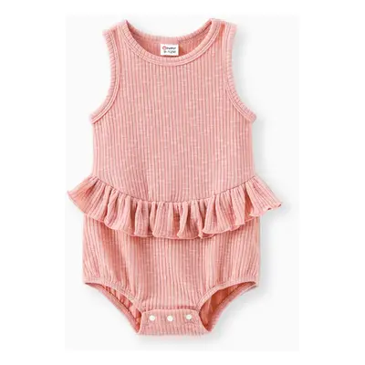 Baby Girl Solid Ribbed Ruffle Trim Tank Romper