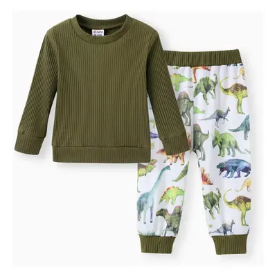 2pcs Baby Boy Solid Cotton Ribbed Long-sleeve Pullover and Allover Dinosaur Print Pants Set