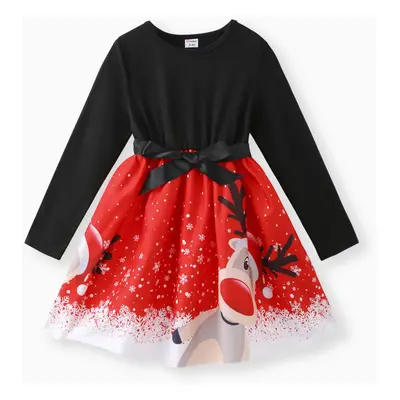 Christmas Kid Girl Elk Print Dress with Belt