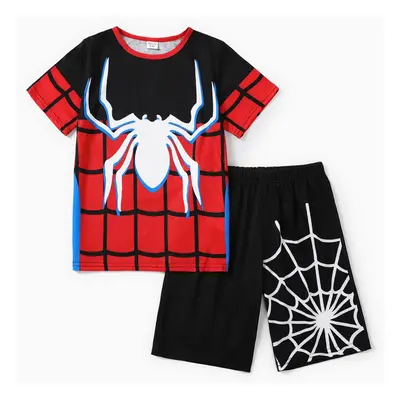 2pcs Kid Boy Spider Print Colorblock Short-sleeve Tee and Elasticized Shorts Set