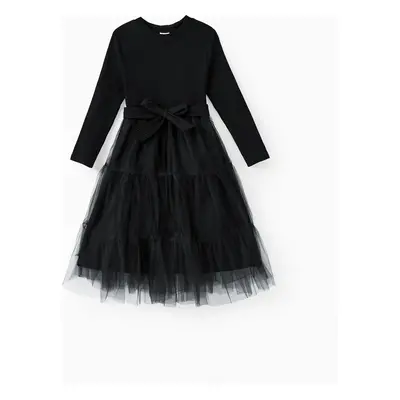 Family Matching Sets Black Plaid Shirt or Elegant Ribbed Top Flowy Tulle Mesh Dress