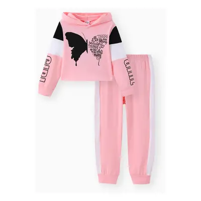 2-piece Kid Girl Butterfly Print Letter Hooded Sweatshirt and Pants Set