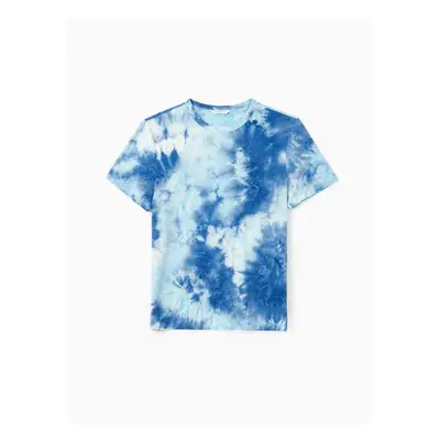 Family Matching Sets Blue Tie-dyed Round Neck Short Sleeves Tee or Irregular Hem Dress