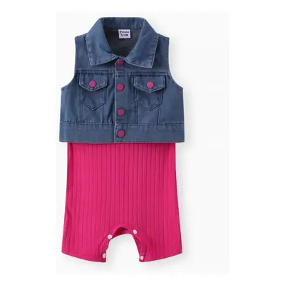 2pcs Baby Girl Solid Rib-knit Romper and Button Up Front Vest Denim Jacket Set