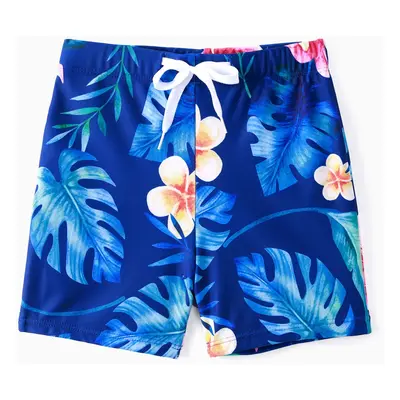 Family Matching Blue Floral Drawstring Swim Trunk or Ruffle Sleeves Bikini