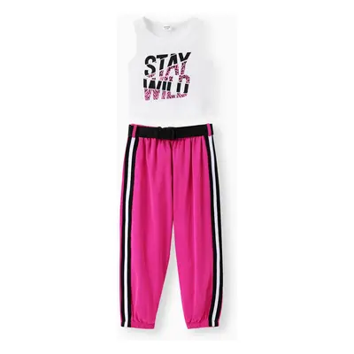 Toddler Girl 3pcs Sporty Letter Print Tank Top and Sweatpants with Belt Set