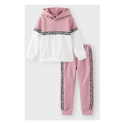 2pcs Kid Girl Leter Print Cable Knit Textured Colorblock Hoodie Sweatshirt and Pants Set