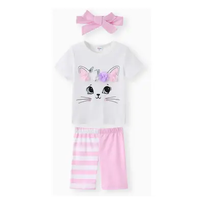 Toddler Girl 3pcs Unicorn Print Tee and Shorts and Headband Set