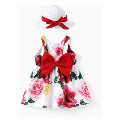 Baby Girl 2pcs Floral Print Big Bowknot Dress with Hat