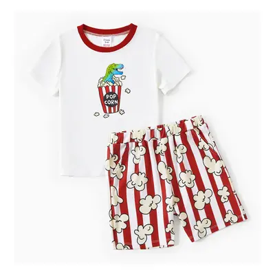 Family Matching Dinosaur Popcorn Pattern Short Sleeves Top Stripe Shorts Pajama