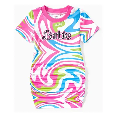 Barbie Mommy and Me Logo and Allover Colorful Grahic Print Fashionable Fitted Bodycon Dress