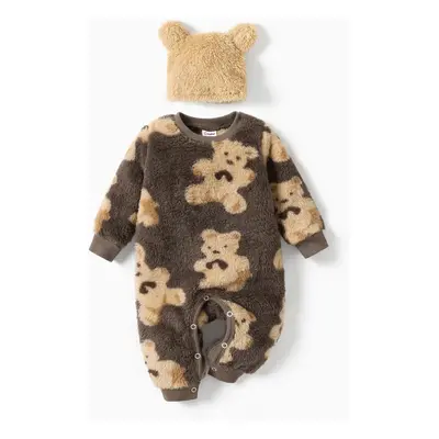 : Baby Girl/Boy 2pcs Bear Style Printed Fleece Jumpsuit with Hat