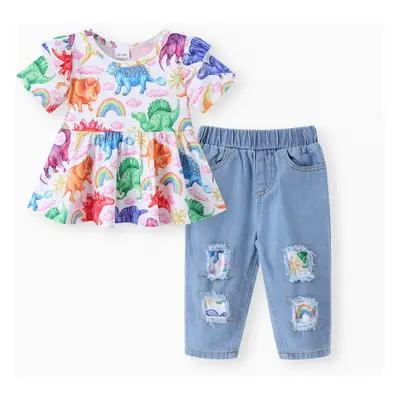 2pcs Baby Girl 95% Cotton Ripped Denim Jeans and Allover Dinosaur Print Ruffle Short-sleeve Top 