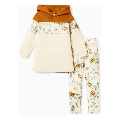 2-piece Kid Girl Floral Print Colorblock Hoodie Sweatshirt and Elasticized Pants Set