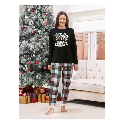 Christmas Pajamas Family Matching Xmas Light Jolly Vibes Long Sleeves Top Plaid Pants Pajamas Se