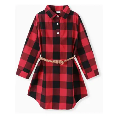 Kid Girl Plaid Belted Long-sleeve Button Half Placket Dress