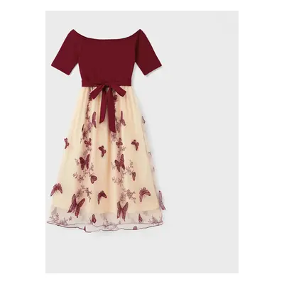 Family Matching Sets Long Sleeves Sweatshirt or Off-Shoulder Butterfly Embroidered Tulle Dress