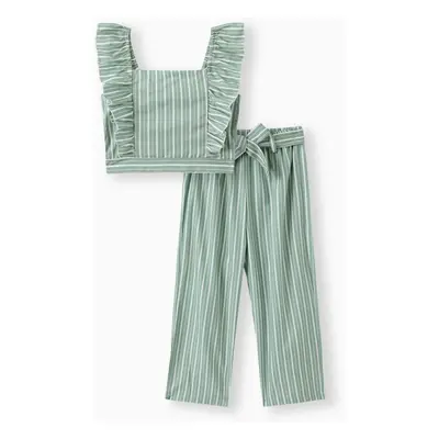 2Pcs Kid Girl Stripe Ruffled Tank Top and Pants Set