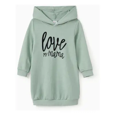 Mommy and Me Letter Print Green Long-sleeve Hoodie Dresses