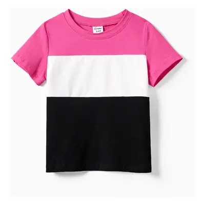 Family Matching Colorblock T-shirt and Hot Pink Button Neck-Tie Strap Dress Sets