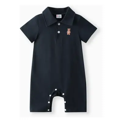 Baby Boy Bear Embroidered Polo Collar Button Up Short-sleeve Jumpsuit