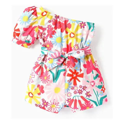 Toddler Girl Floral Print One Shoulder Sleeve Jumpsuit wiht Belt