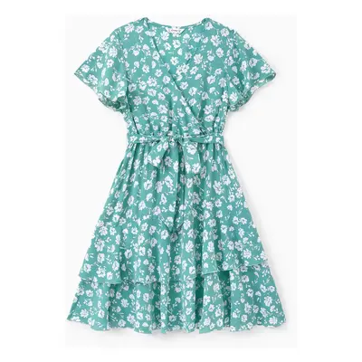 Mommy and Me Ruffle Sleeves Belted Blue Ditsy Floral Pattern Tiered Dress with Hidden Snap