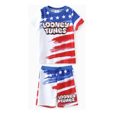 Looney Tunes Kid Boys Independence Day 2pcs American Flag Print Top with Short Set