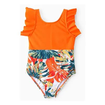 Family Matching Orange and All Over Tropical Plant Print Splicing Ruffle One-Piece Swimsuit and 