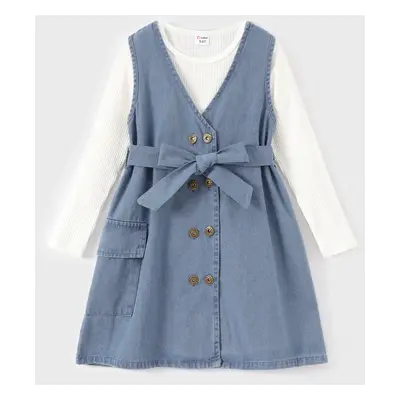 2pcs Kid Girl Avant-garde Solid Color Tshirt and Secret Button Denim Dress Set