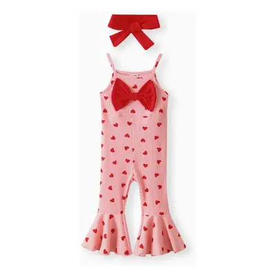 2pcs Baby Girl Allover Heart Print Bow Front Bell Bottom Ribbed Cami Jumpsuit & Headband Set