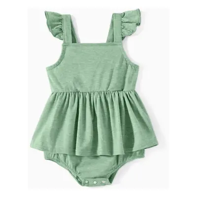 Family Matching Green Halter Neck Sleeveless Drawstring Dresses and Striped Splicing Short-sleev