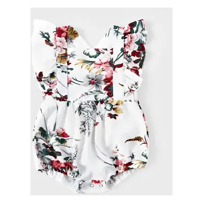 All Over Floral Print White Halter Neck Off Shoulder Belted Romper Shorts for Mom and Me