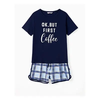 Family Matching Pajamas Sets Glow in the Dark Slogan Dark Blue Top and Plaid Drawstring Shorts