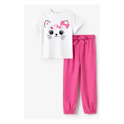 2pcs Kid Girl Cute Cat Print Short-sleeve Tee and Belted Pants Set