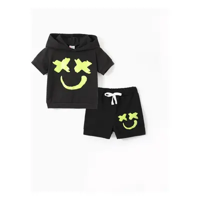 2pcs Baby Boy/Girl 95% Cotton Glow in the Dark Graphic Hooded Short-sleeve Tee & Shorts Set