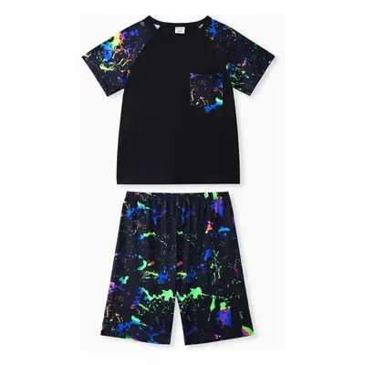 2pcs Kid Boy Luminous Painting Print Pocket Design Short-sleeve Tee and Shorts Set